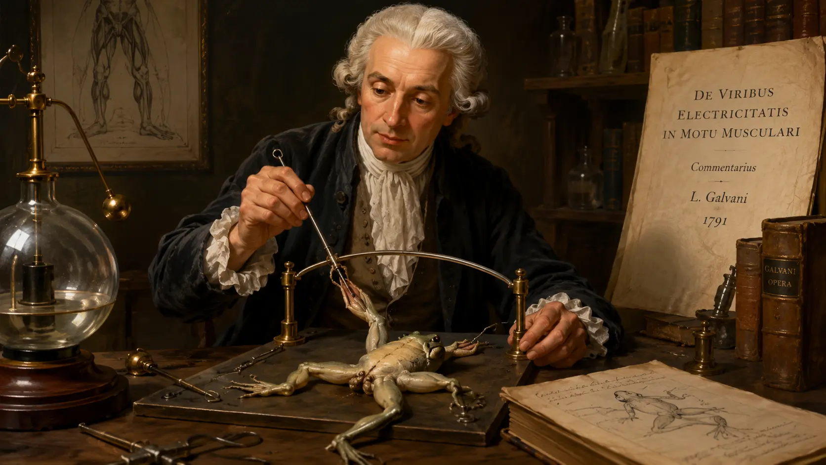 Illustration of Luigi Galvani investigating electrical stimulation in a frog experiment
