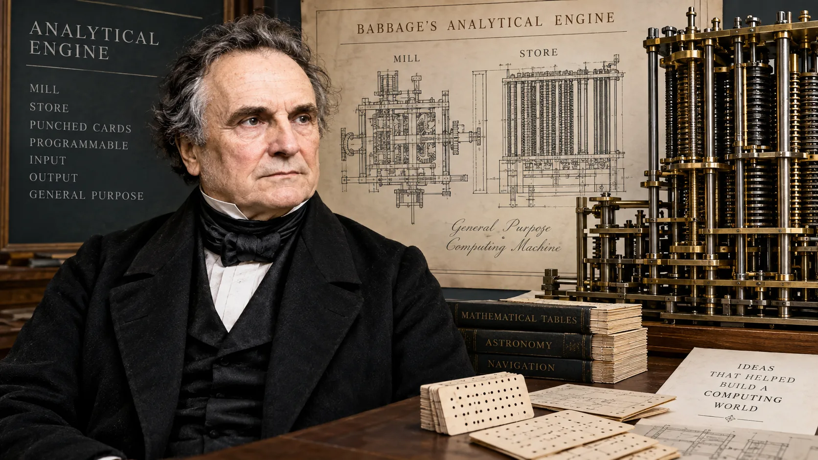 Charles Babbage beside a reconstruction and plans of the Analytical Engine, showing the early ideas behind programmable computing