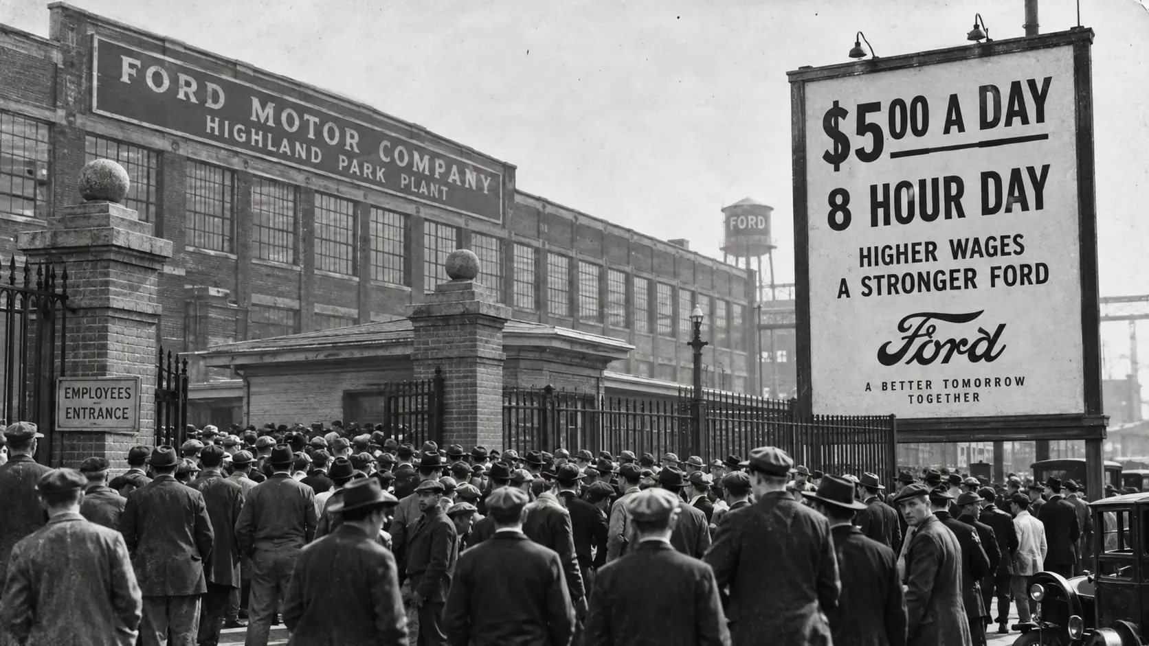 Vintage scene of workers outside Ford Highland Park Plant during the Five-Dollar Day labor era