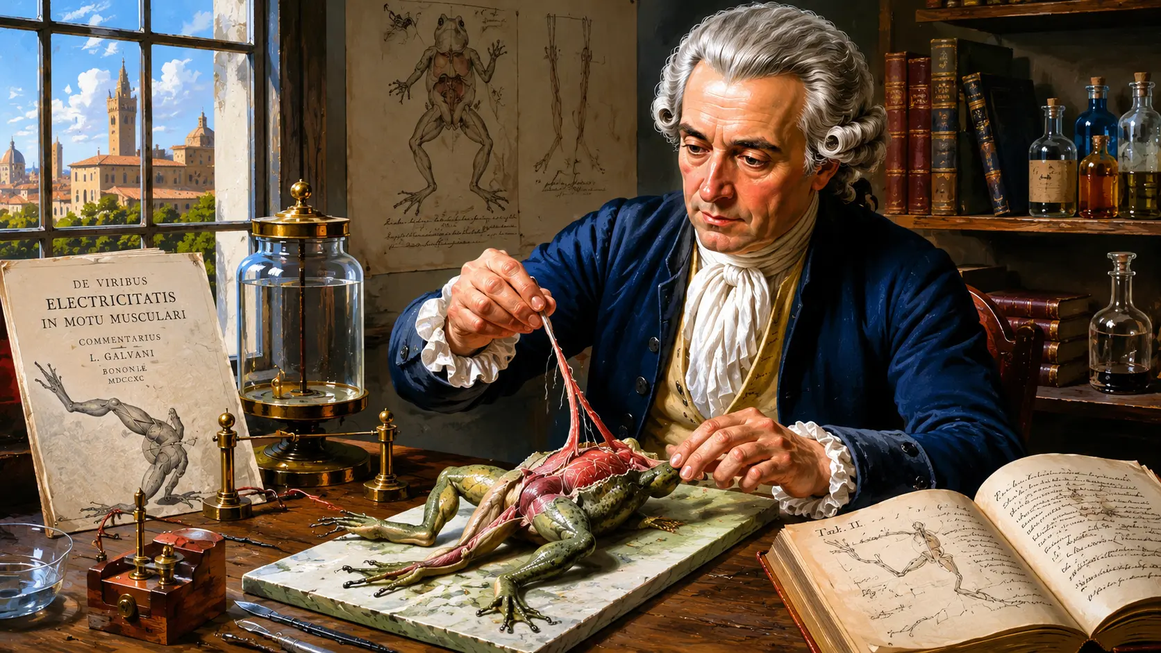 Luigi Galvani conducting an animal electricity experiment on a frog in an 18th-century laboratory